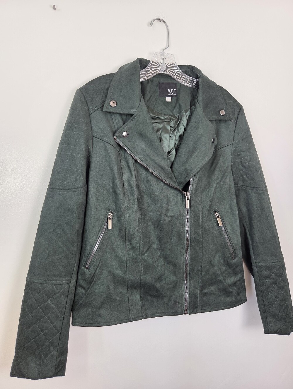 Kut From The Kloth Dark Green Faux Suede Jacket Motorcycle Biker Quilted XL